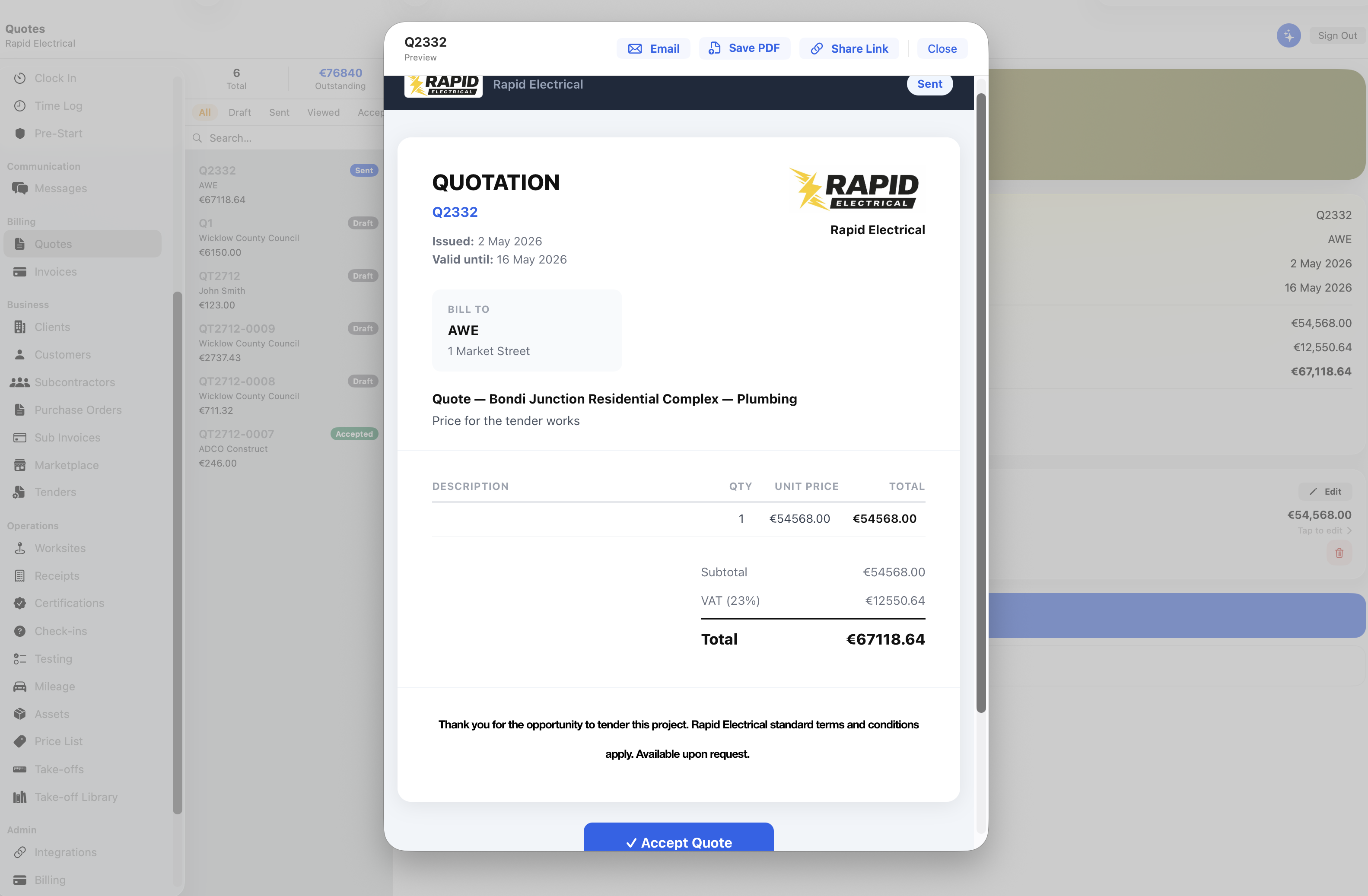 Staff Track fleet tracking with quotes & invoicing on iPad