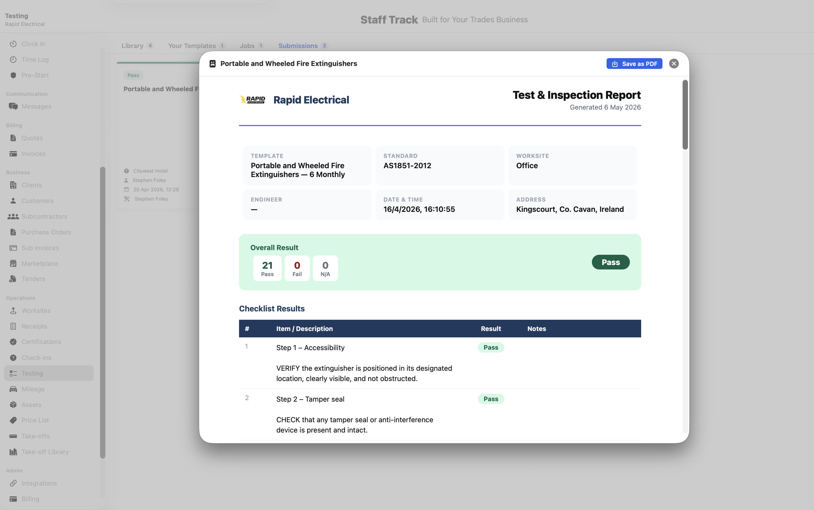 Staff Track trades software — testing & commissioning library on iPad